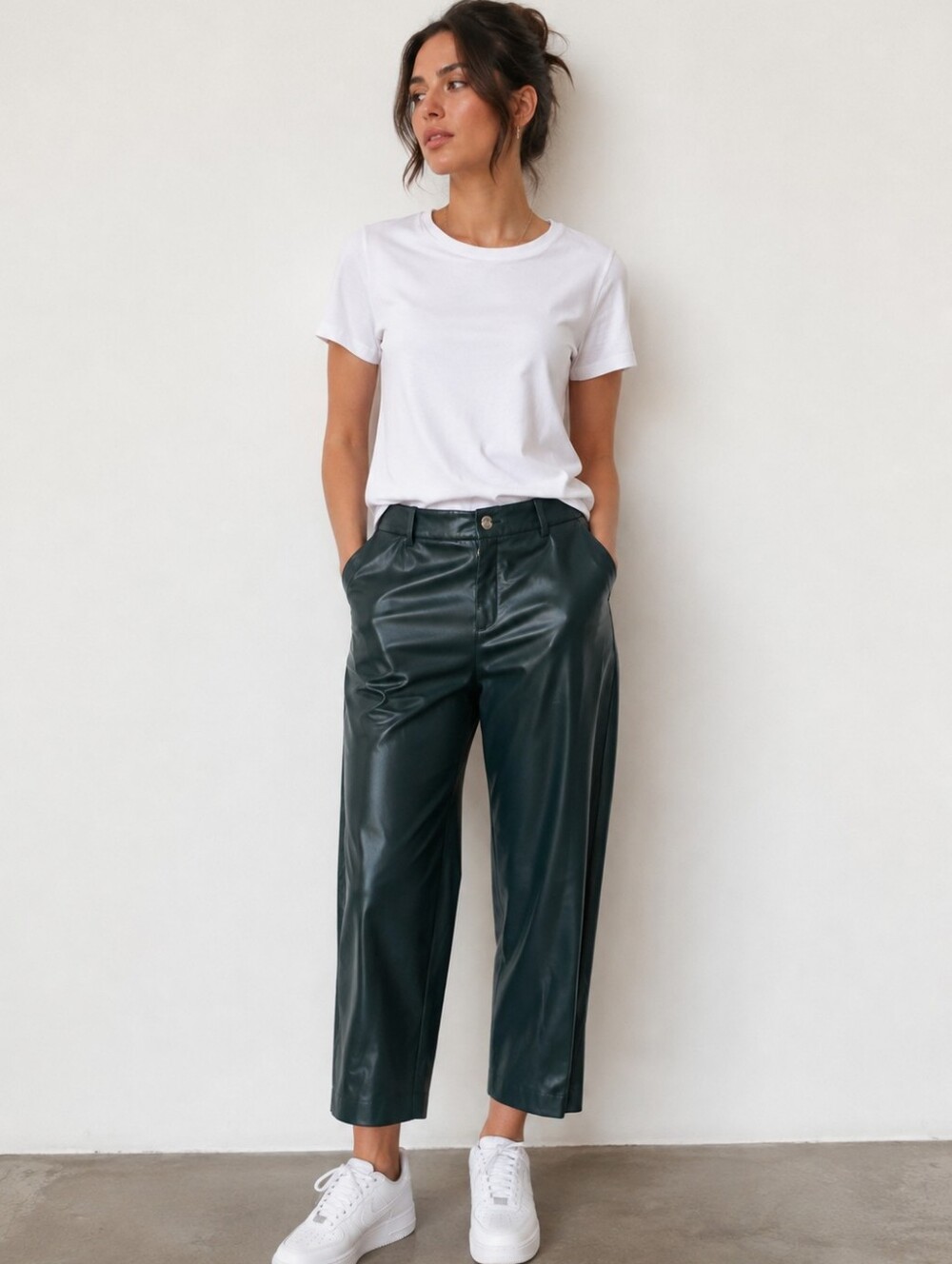 NWT Chicos Leather-Look High-Rise Wide Leg Crop Pants - Dark Green Sz 18